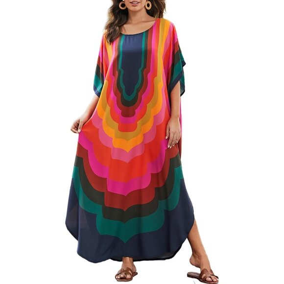 🆕Women's A-Colored Geometry Kaftan Dress V Neck Swimsuit Cover-Up Loungewear - Picture 1 of 7